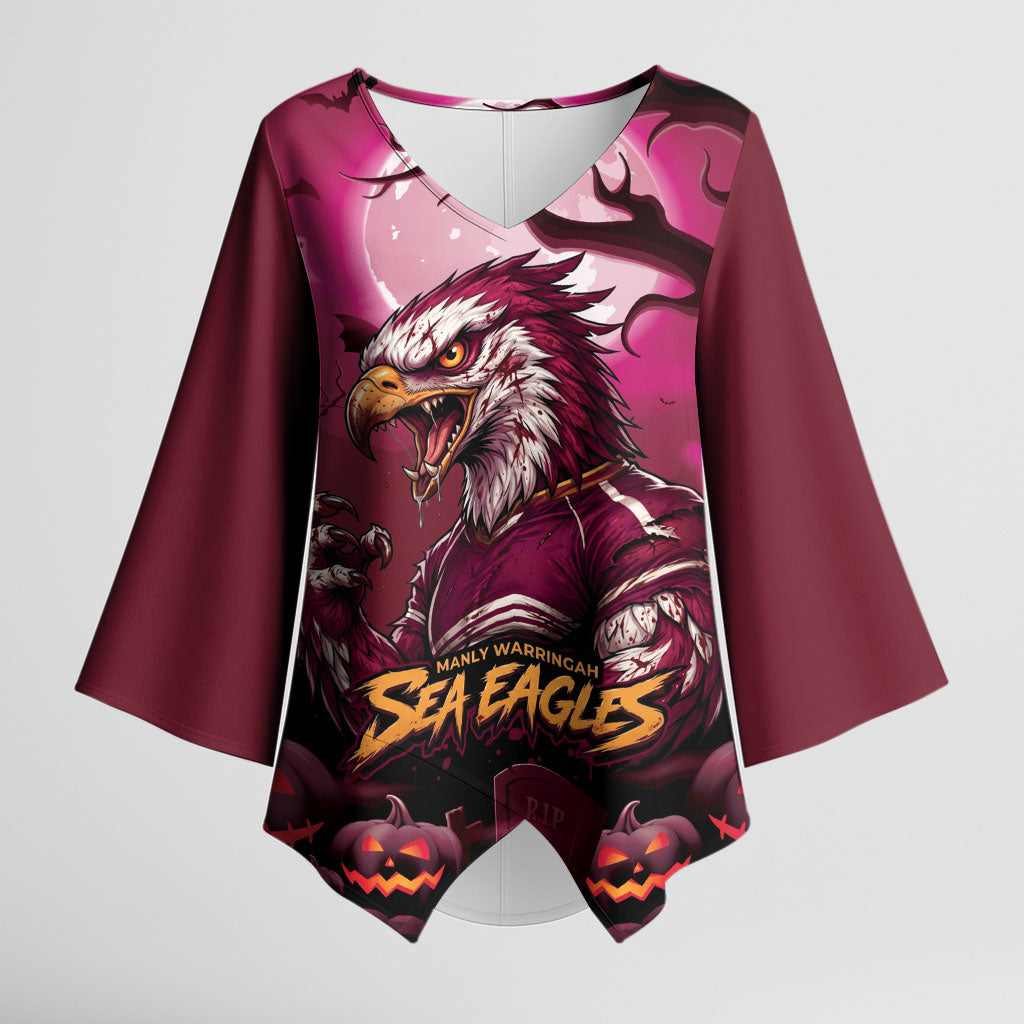 Custom Halloween Manly Warringah Sea Eagles Kimono Sleeve Blouse Spooky Australia Mascot Rugby