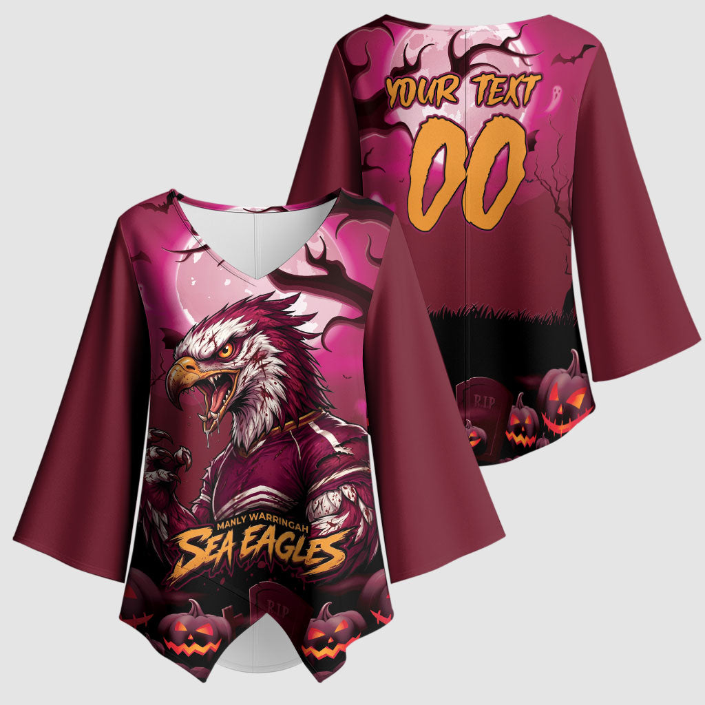 Custom Halloween Manly Warringah Sea Eagles Kimono Sleeve Blouse Spooky Australia Mascot Rugby