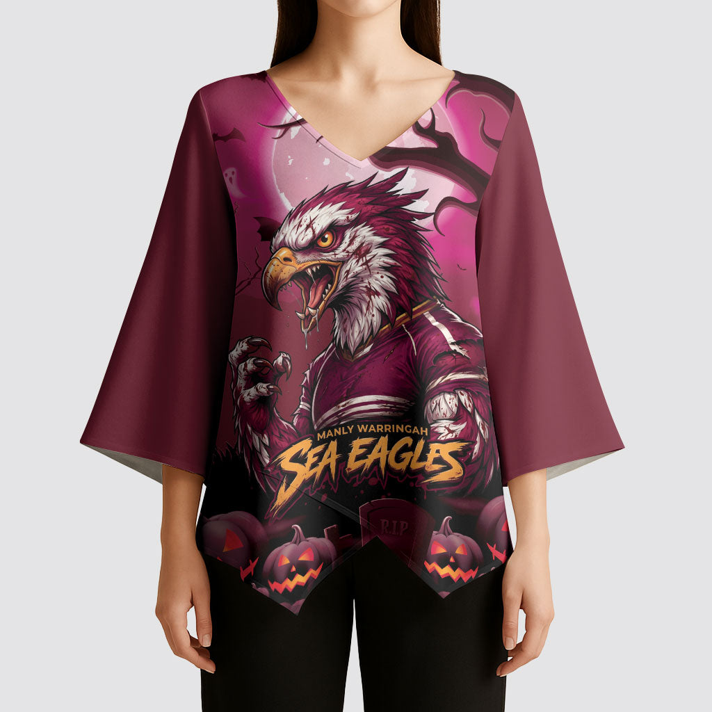 Custom Halloween Manly Warringah Sea Eagles Kimono Sleeve Blouse Spooky Australia Mascot Rugby
