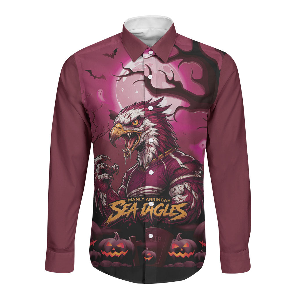 Custom Halloween Manly Warringah Sea Eagles Long Sleeve Button Shirt Spooky Australia Mascot Rugby