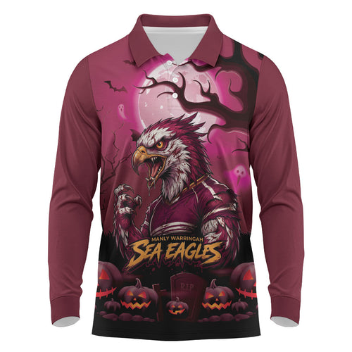 Custom Halloween Manly Warringah Sea Eagles Long Sleeve Polo Shirt Spooky Australia Mascot Rugby