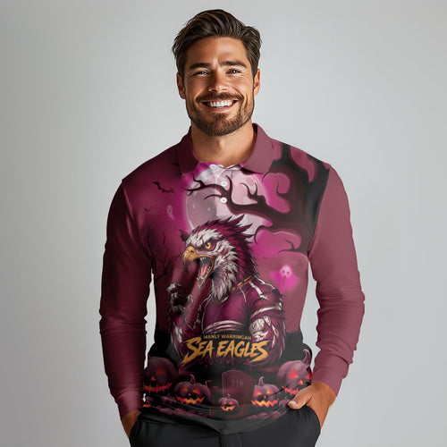 Custom Halloween Manly Warringah Sea Eagles Long Sleeve Polo Shirt Spooky Australia Mascot Rugby