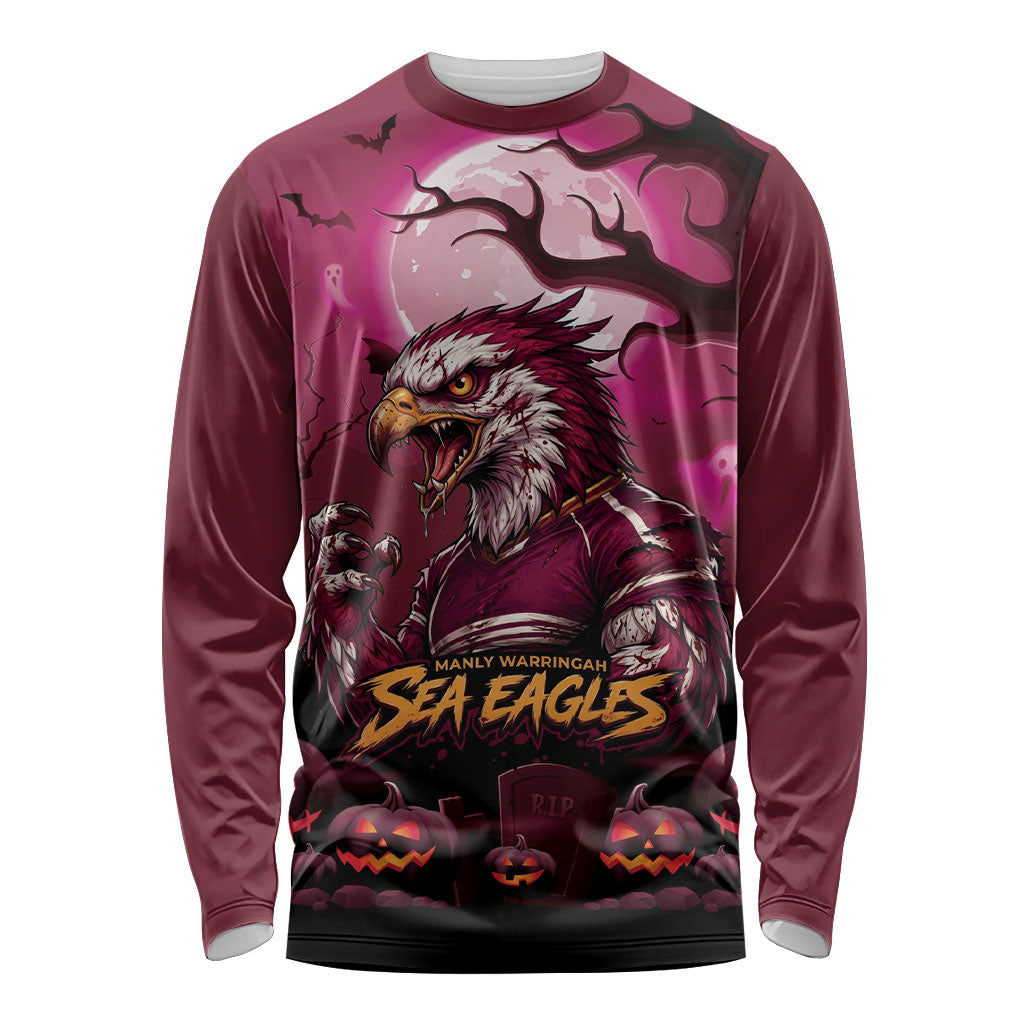 Custom Halloween Manly Warringah Sea Eagles Long Sleeve Shirt Spooky Australia Mascot Rugby