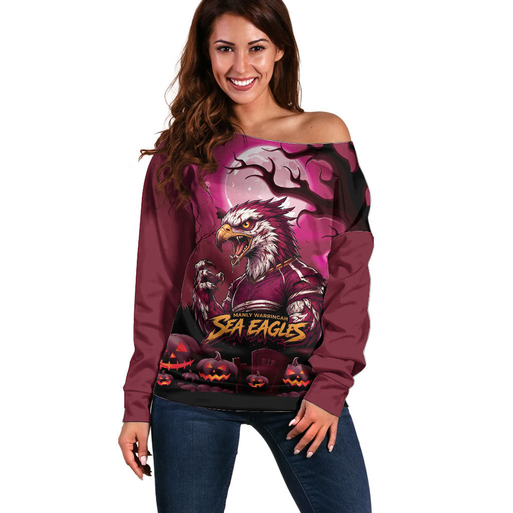 Custom Halloween Manly Warringah Sea Eagles Off Shoulder Sweater Spooky Australia Mascot Rugby