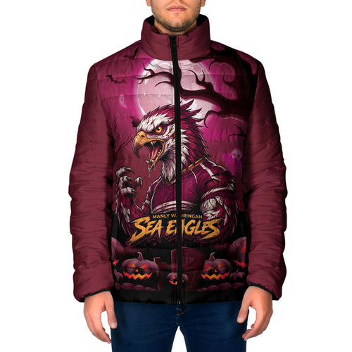 Custom Halloween Manly Warringah Sea Eagles Padded Jacket Spooky Australia Mascot Rugby