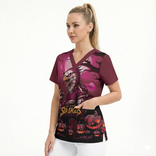 Custom Halloween Manly Warringah Sea Eagles Scrub Top Spooky Australia Mascot Rugby