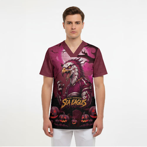 Custom Halloween Manly Warringah Sea Eagles Scrub Top Spooky Australia Mascot Rugby