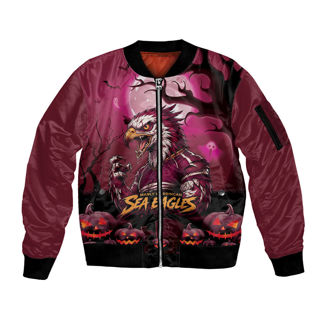 Custom Halloween Manly Warringah Sea Eagles Sleeve Zip Bomber Jacket Spooky Australia Mascot Rugby