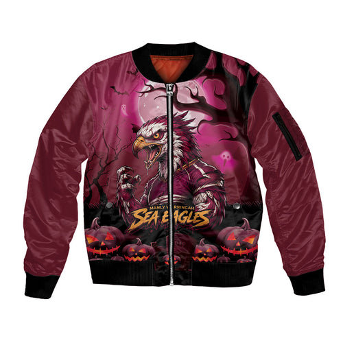 Custom Halloween Manly Warringah Sea Eagles Sleeve Zip Bomber Jacket Spooky Australia Mascot Rugby