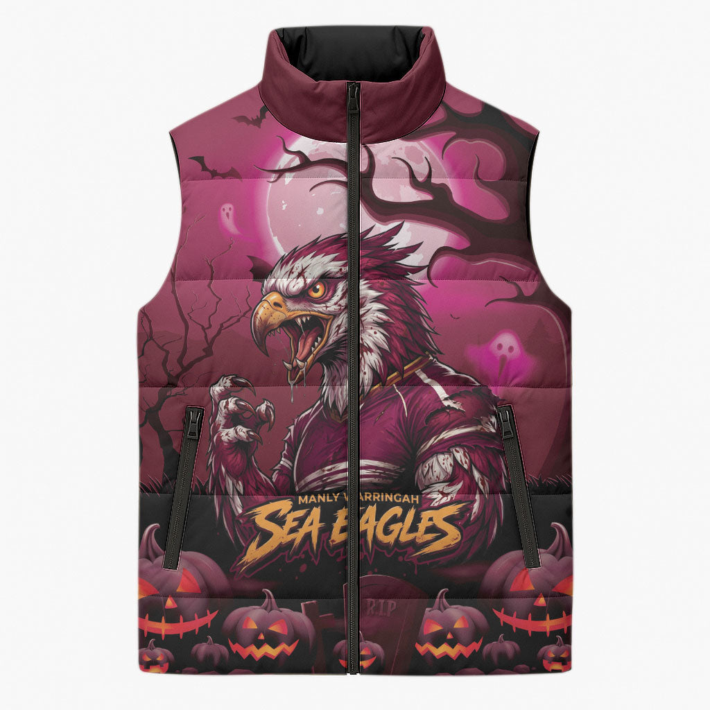 Custom Halloween Manly Warringah Sea Eagles Sleeveless Puffer Jacket Spooky Australia Mascot Rugby