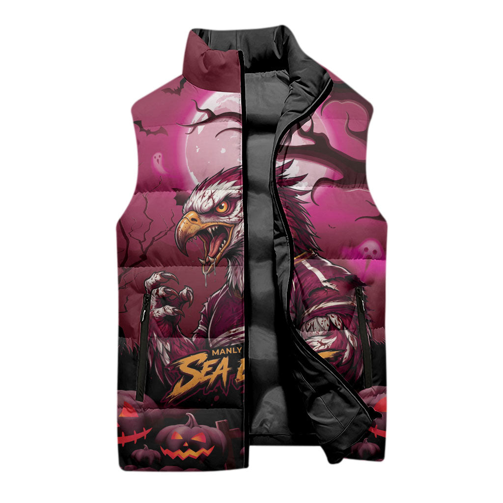 Custom Halloween Manly Warringah Sea Eagles Sleeveless Puffer Jacket Spooky Australia Mascot Rugby