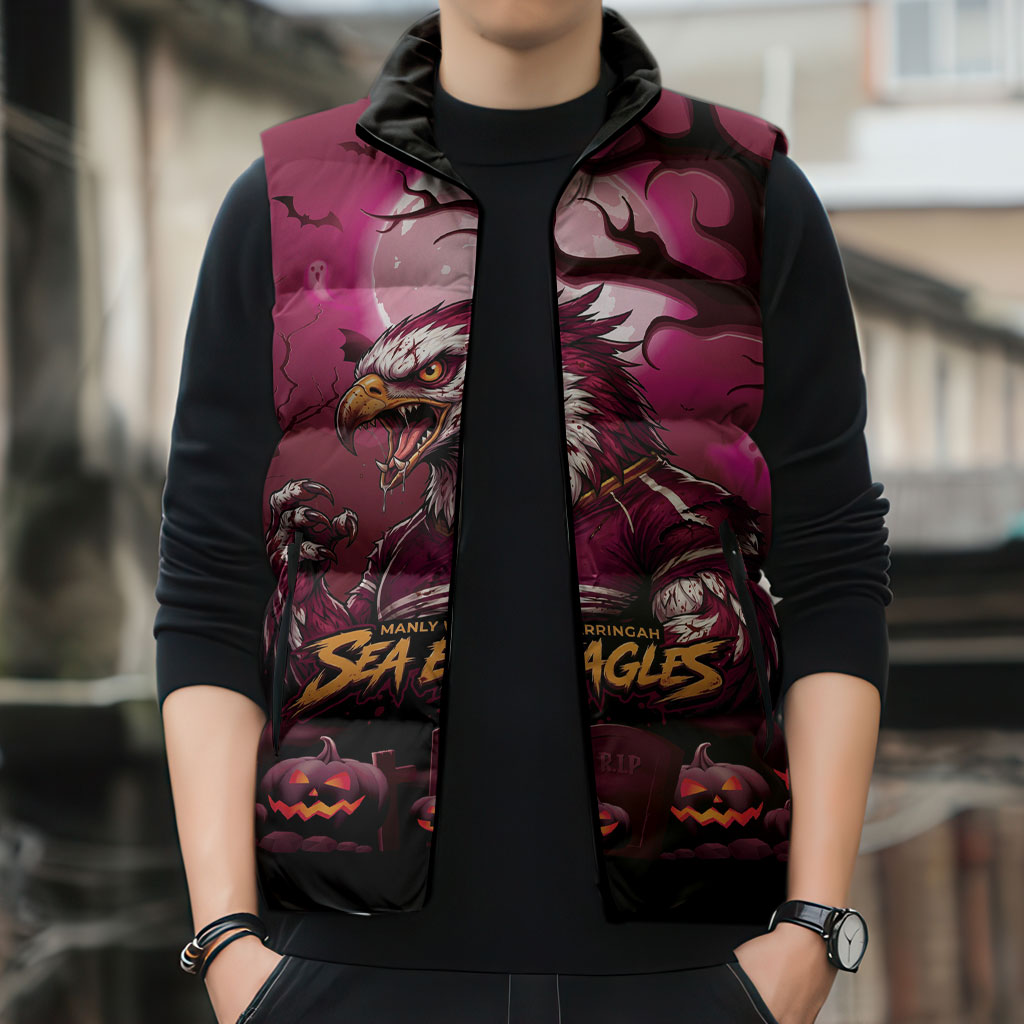 Custom Halloween Manly Warringah Sea Eagles Sleeveless Puffer Jacket Spooky Australia Mascot Rugby
