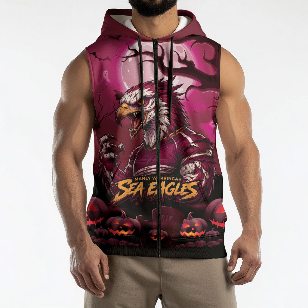 Custom Halloween Manly Warringah Sea Eagles Sleeveless Zip Hoodie Spooky Australia Mascot Rugby