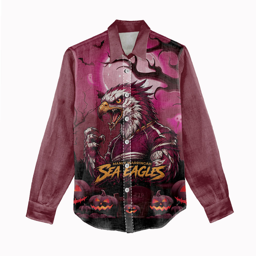 Custom Halloween Manly Warringah Sea Eagles Women Casual Shirt Spooky Australia Mascot Rugby