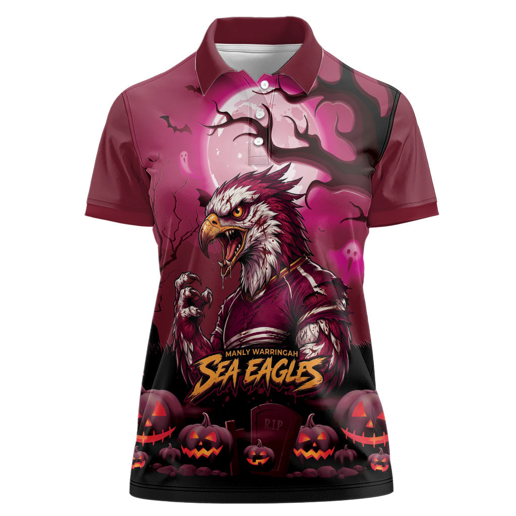 Custom Halloween Manly Warringah Sea Eagles Women Polo Shirt Spooky Australia Mascot Rugby