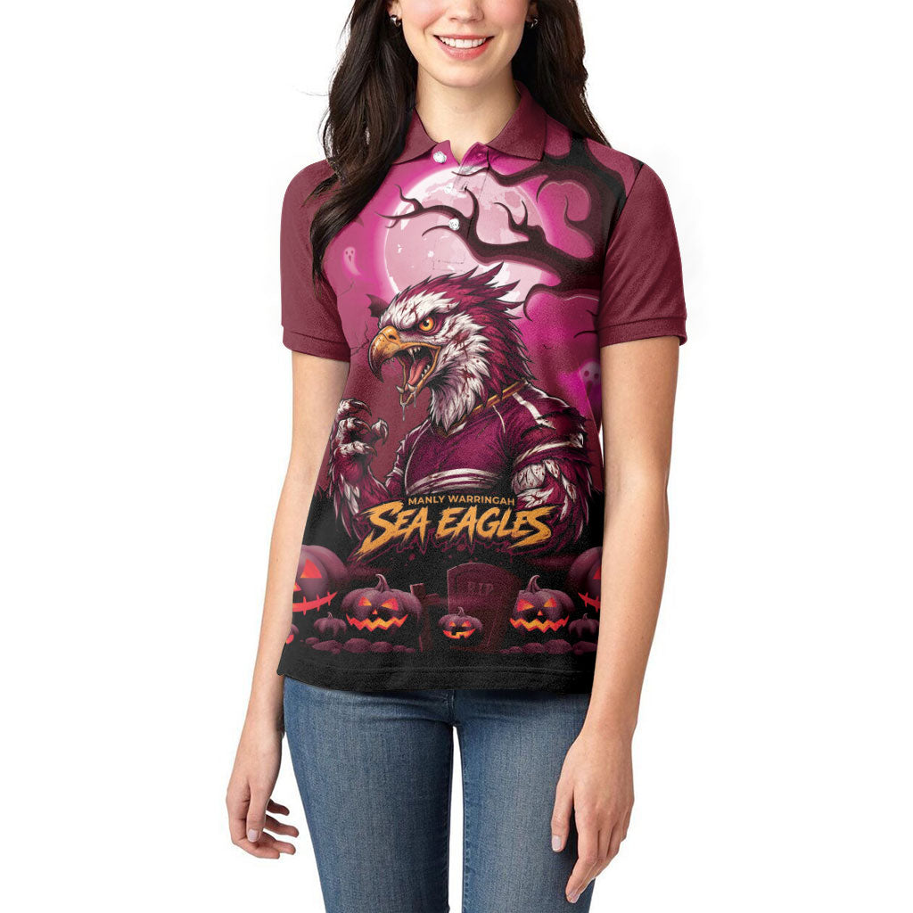 Custom Halloween Manly Warringah Sea Eagles Women Polo Shirt Spooky Australia Mascot Rugby
