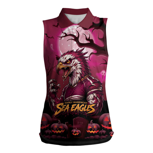 Custom Halloween Manly Warringah Sea Eagles Women Sleeveless Polo Shirt Spooky Australia Mascot Rugby