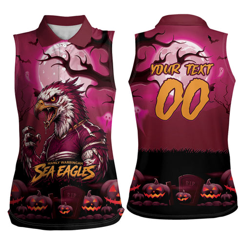 Custom Halloween Manly Warringah Sea Eagles Women Sleeveless Polo Shirt Spooky Australia Mascot Rugby