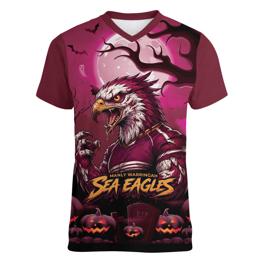 Custom Halloween Manly Warringah Sea Eagles Women V-Neck T-Shirt Spooky Australia Mascot Rugby