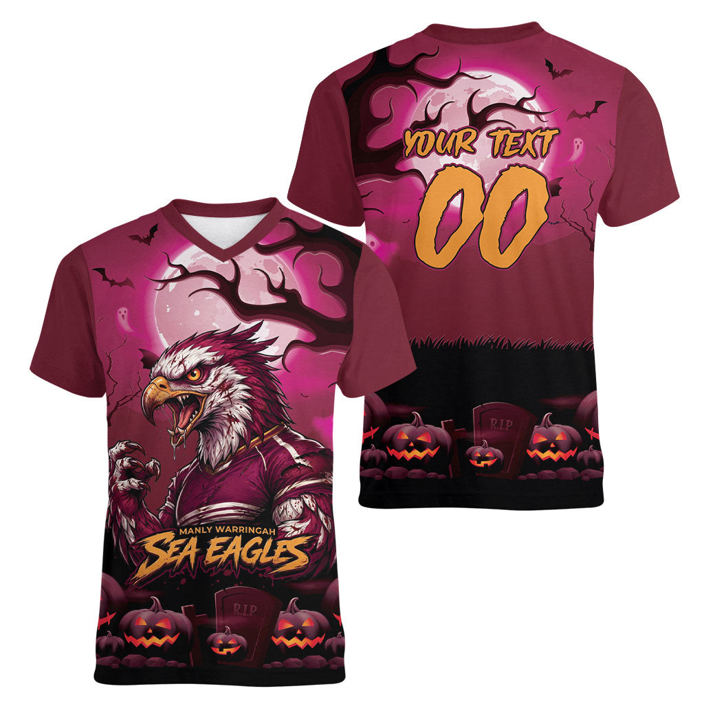 Custom Halloween Manly Warringah Sea Eagles Women V-Neck T-Shirt Spooky Australia Mascot Rugby