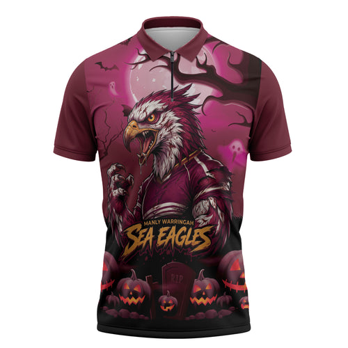 Custom Halloween Manly Warringah Sea Eagles Zipper Polo Shirt Spooky Australia Mascot Rugby