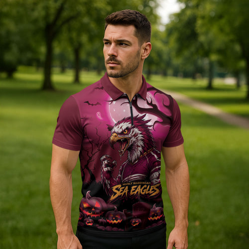 Custom Halloween Manly Warringah Sea Eagles Zipper Polo Shirt Spooky Australia Mascot Rugby