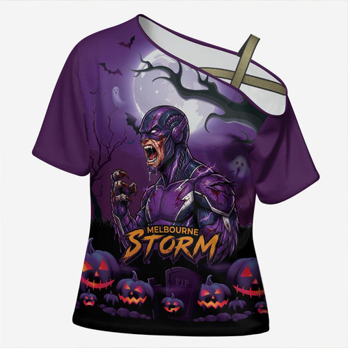 Custom Halloween Melbourne Storm Cross Shoulder Shirt Spooky Australia Mascot Rugby