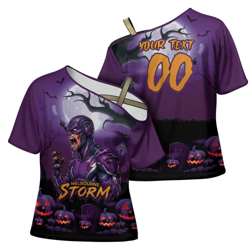 Custom Halloween Melbourne Storm Cross Shoulder Shirt Spooky Australia Mascot Rugby