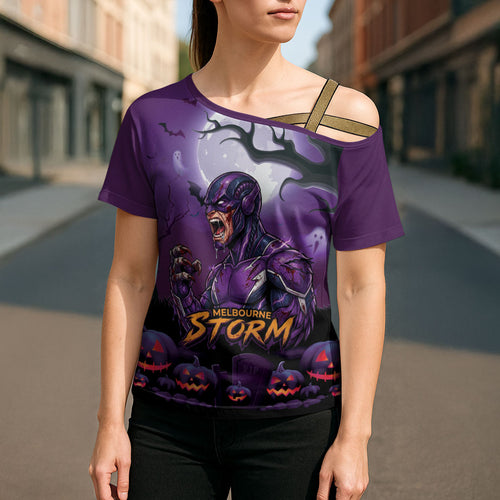 Custom Halloween Melbourne Storm Cross Shoulder Shirt Spooky Australia Mascot Rugby