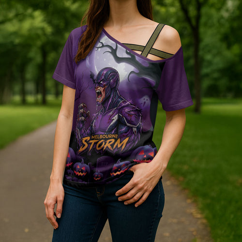 Custom Halloween Melbourne Storm Cross Shoulder Shirt Spooky Australia Mascot Rugby