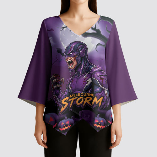 Custom Halloween Melbourne Storm Kimono Sleeve Blouse Spooky Australia Mascot Rugby