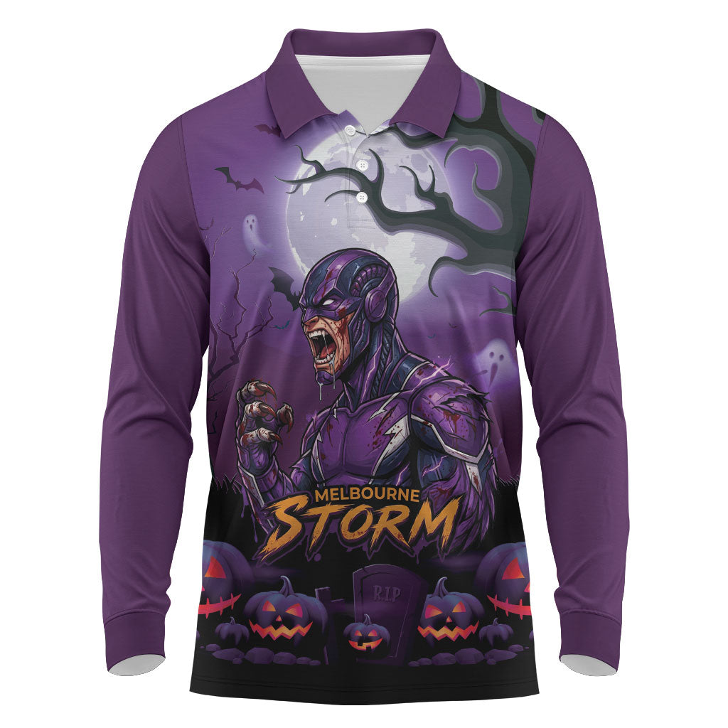 Custom Halloween Melbourne Storm Long Sleeve Polo Shirt Spooky Australia Mascot Rugby