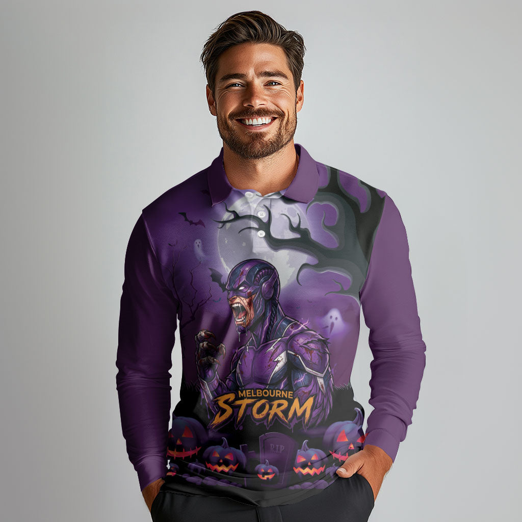 Custom Halloween Melbourne Storm Long Sleeve Polo Shirt Spooky Australia Mascot Rugby