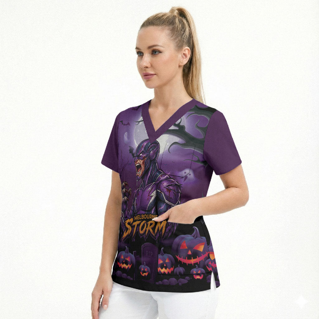 Custom Halloween Melbourne Storm Scrub Top Spooky Australia Mascot Rugby