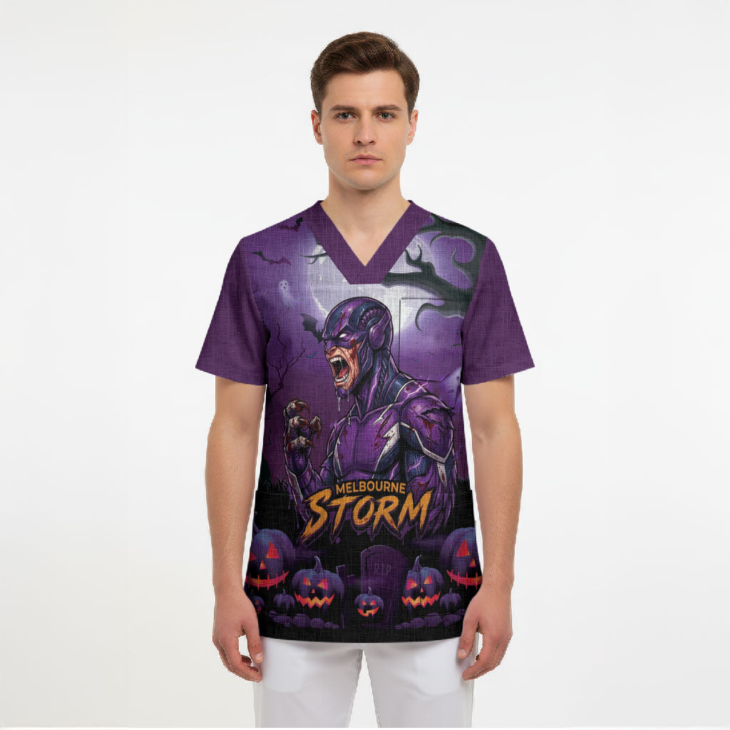 Custom Halloween Melbourne Storm Scrub Top Spooky Australia Mascot Rugby