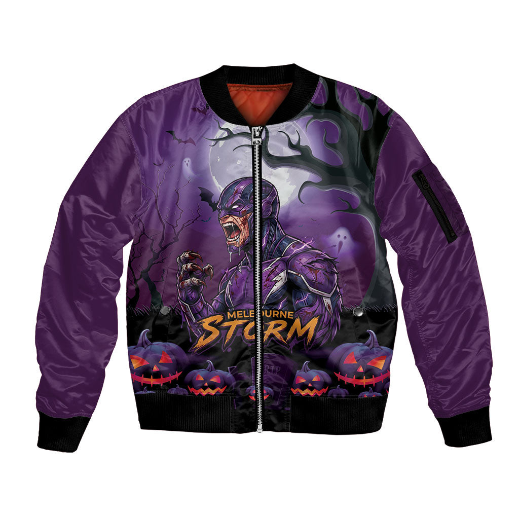 Custom Halloween Melbourne Storm Sleeve Zip Bomber Jacket Spooky Australia Mascot Rugby