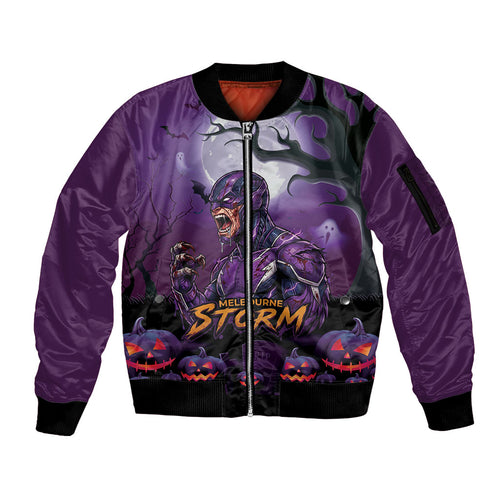Custom Halloween Melbourne Storm Sleeve Zip Bomber Jacket Spooky Australia Mascot Rugby