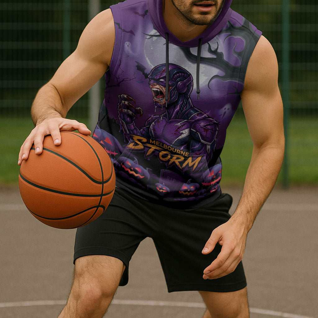 Custom Halloween Melbourne Storm Sleeveless Hoodie Spooky Australia Mascot Rugby