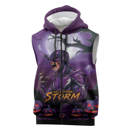 Custom Halloween Melbourne Storm Sleeveless Zip Hoodie Spooky Australia Mascot Rugby