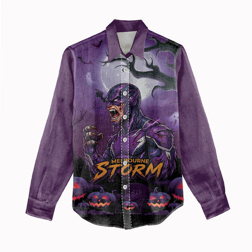 Custom Halloween Melbourne Storm Women Casual Shirt Spooky Australia Mascot Rugby