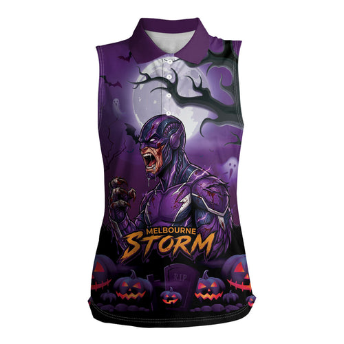 Custom Halloween Melbourne Storm Women Sleeveless Polo Shirt Spooky Australia Mascot Rugby
