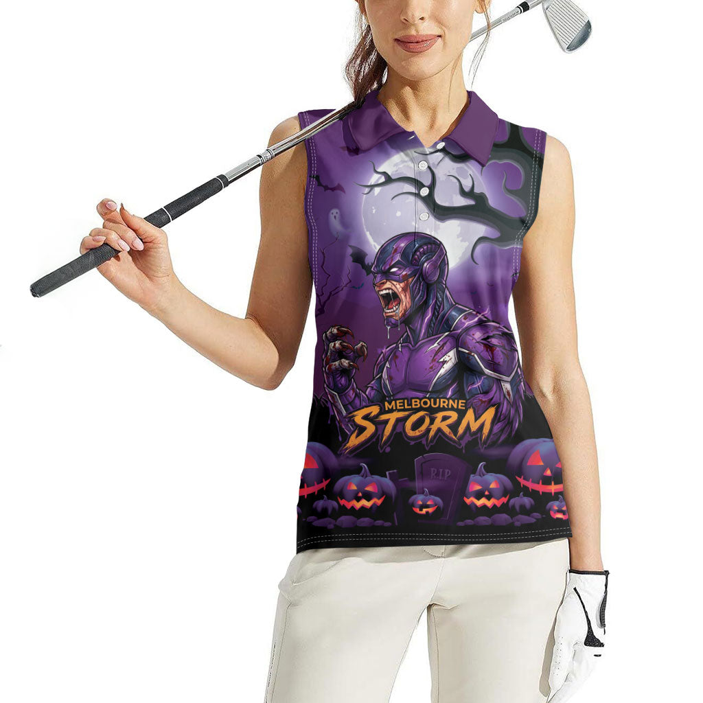 Custom Halloween Melbourne Storm Women Sleeveless Polo Shirt Spooky Australia Mascot Rugby