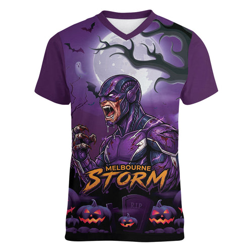 Custom Halloween Melbourne Storm Women V-Neck T-Shirt Spooky Australia Mascot Rugby
