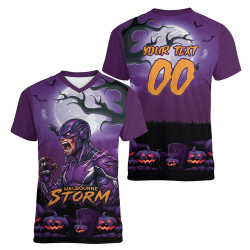 Custom Halloween Melbourne Storm Women V-Neck T-Shirt Spooky Australia Mascot Rugby
