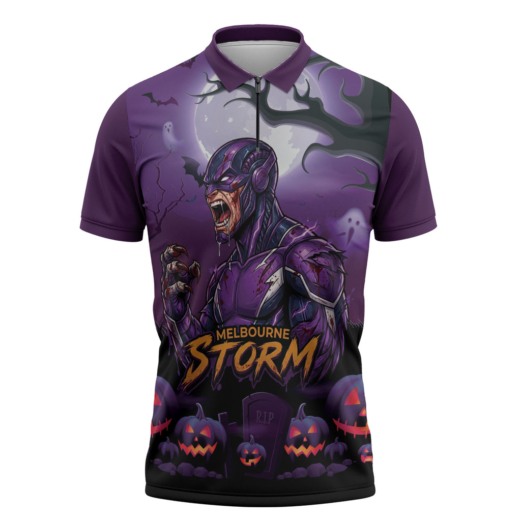 Custom Halloween Melbourne Storm Zipper Polo Shirt Spooky Australia Mascot Rugby