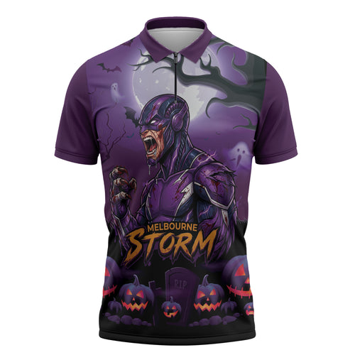 Custom Halloween Melbourne Storm Zipper Polo Shirt Spooky Australia Mascot Rugby