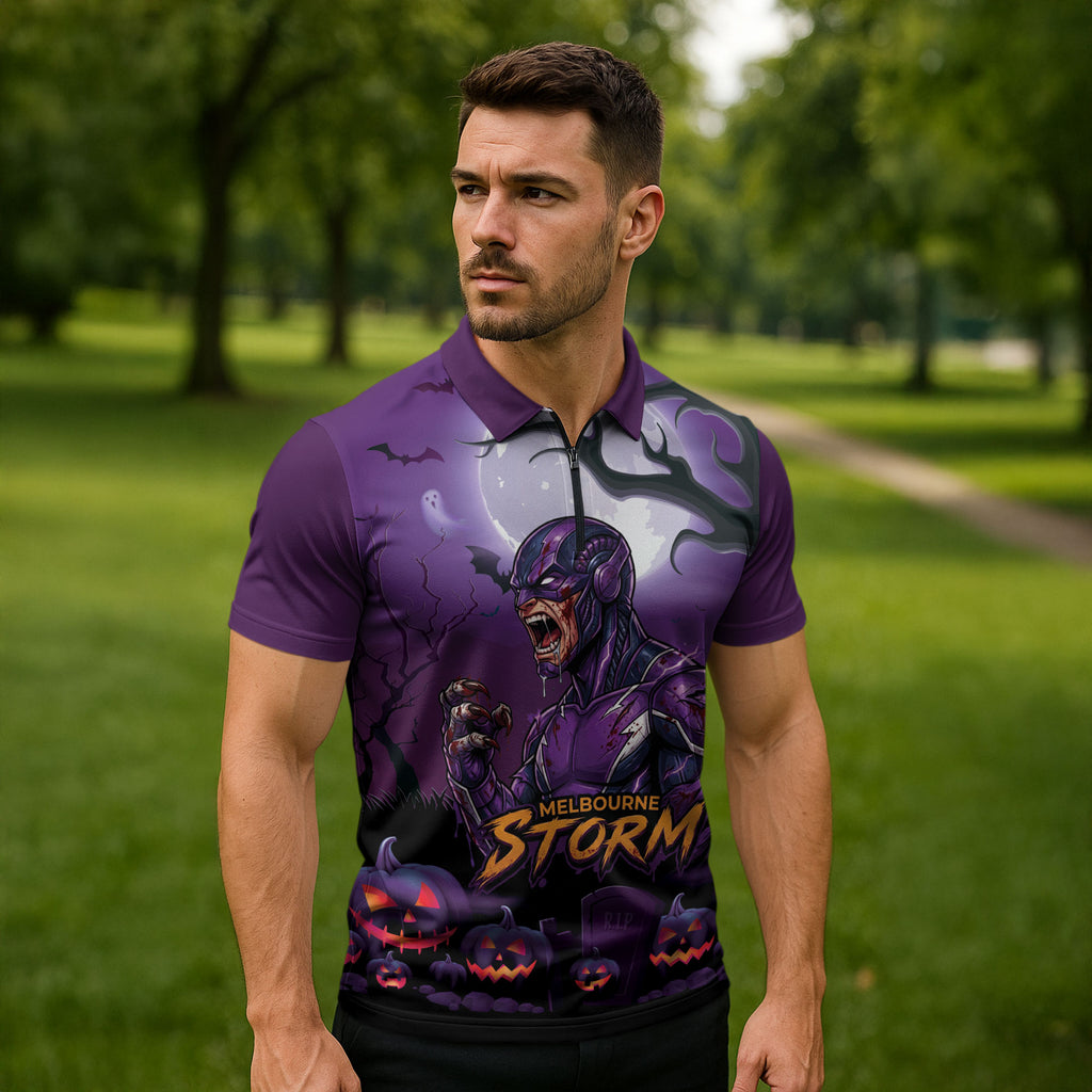 Custom Halloween Melbourne Storm Zipper Polo Shirt Spooky Australia Mascot Rugby