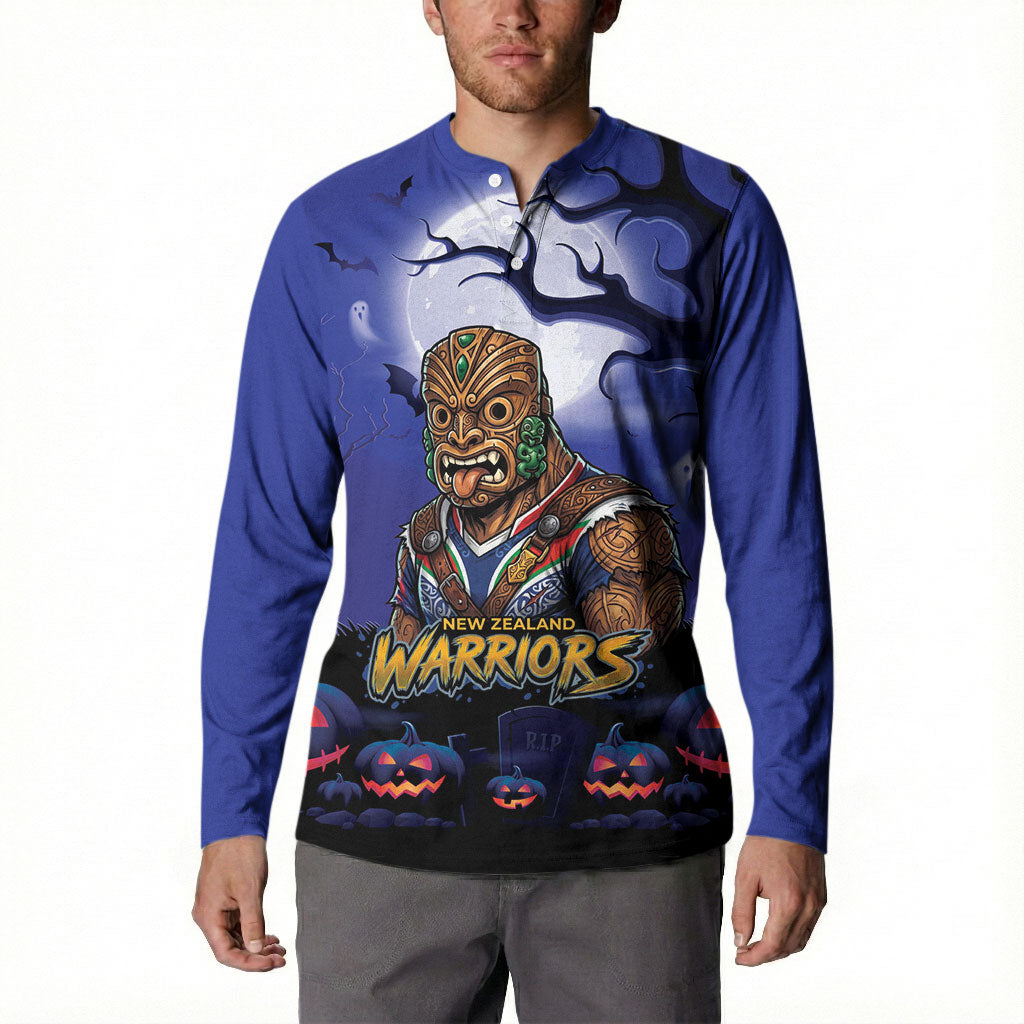 Custom Halloween New-Zealand Warriors Button Sweatshirt Spooky Australia Mascot Rugby