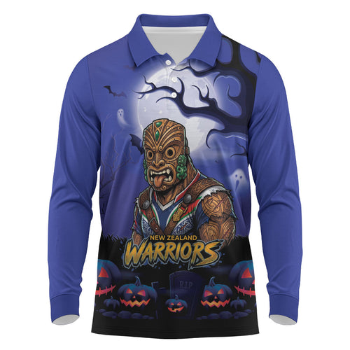 Custom Halloween New-Zealand Warriors Long Sleeve Polo Shirt Spooky Australia Mascot Rugby