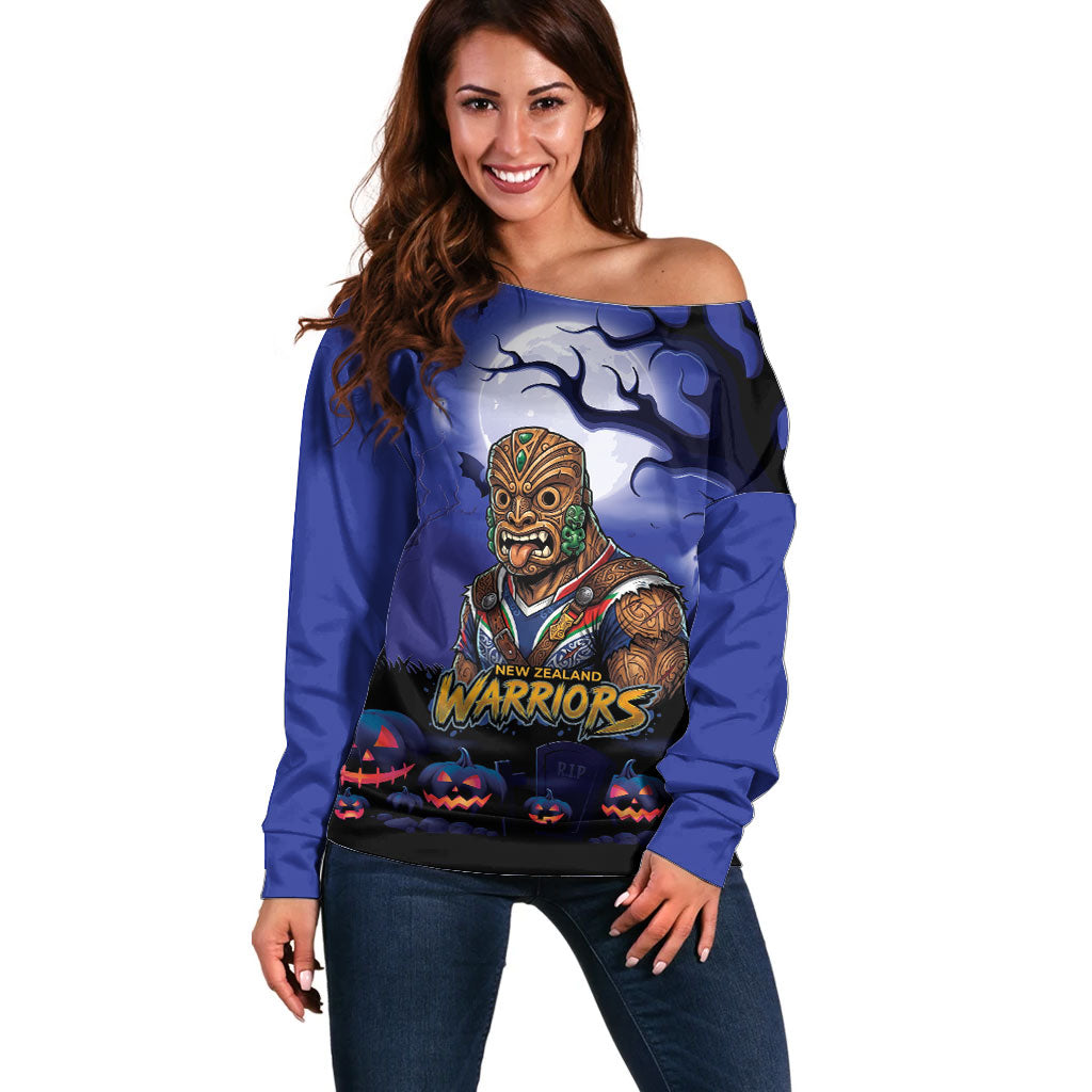 Custom Halloween New-Zealand Warriors Off Shoulder Sweater Spooky Australia Mascot Rugby